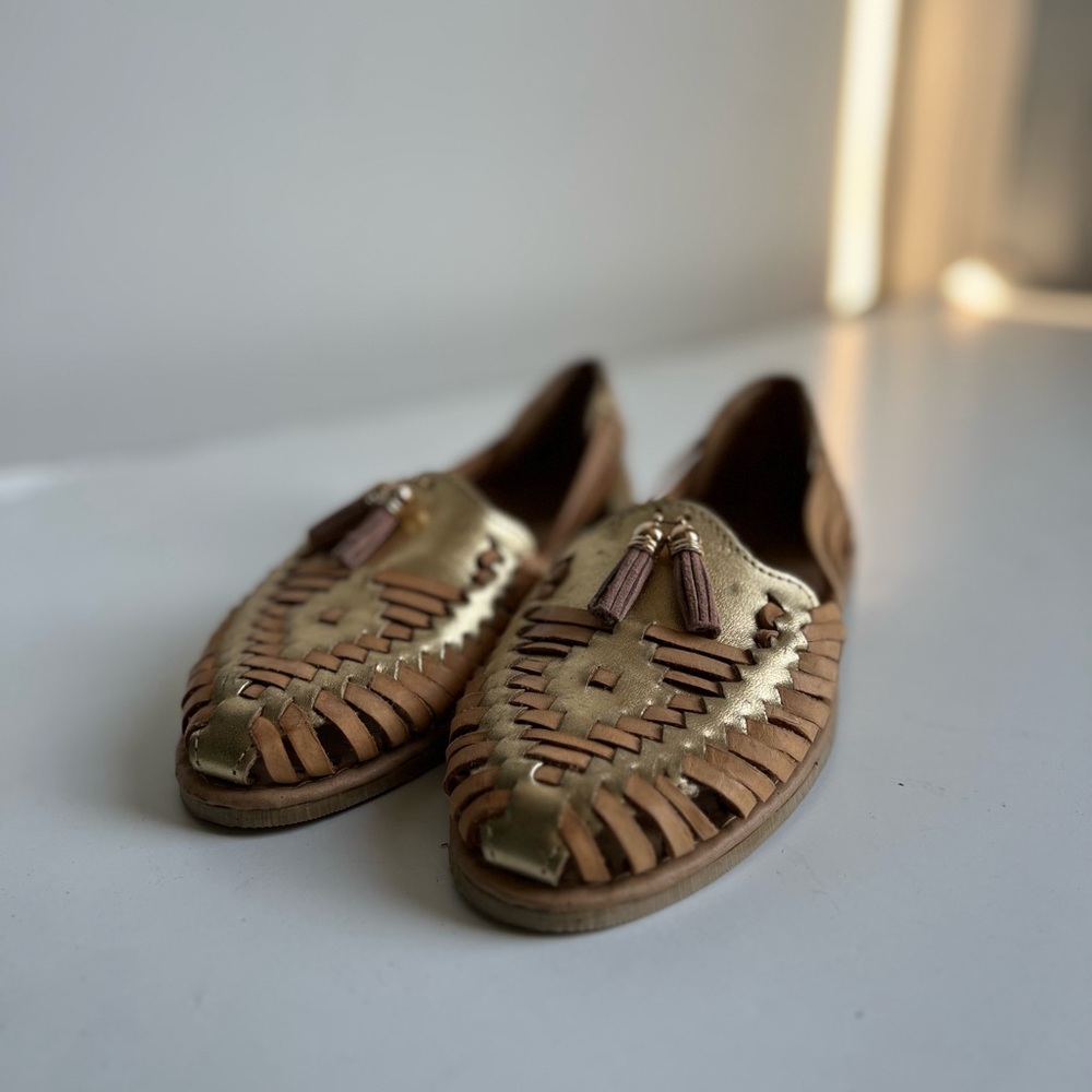 Gold and tan mexican huaraches with tassels